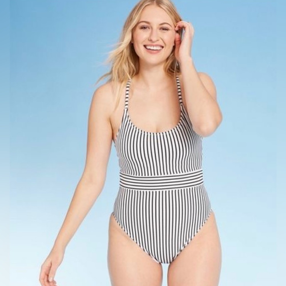 Shade & Shore one-piece bathing suit, size XL. Black and white stripes.